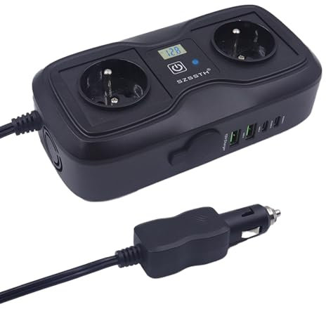 SZSSTH Inverter da 200 W, 12 V a 230 V, trasformatore di tensione per auto, 2 USB-A/2 di tipo C (5 V 3 A), convertitore di corrente con presa accendisigari per cellulari, laptop, campeggio, viaggi