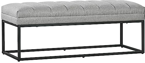 HOMCOM Banc Banquette Moderne Bout de lit rembourré en Tissu Aspect Lin et Structure en Acier Noir, idéal pour entrée, Salon, Chambre, Charge 200 Kg, 120 x 44 x 45,5 cm, Gris