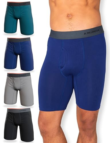 FM London 4-Pack Long Leg Bamboo Boxers Mens, Soft Anti-Chafe Mens Boxers