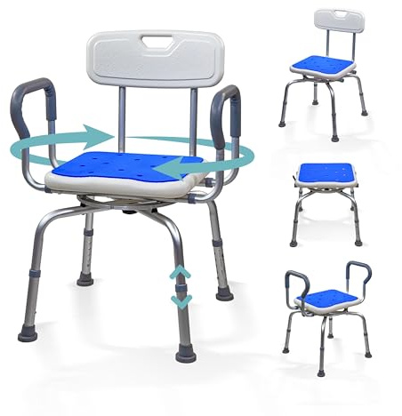 Mobiclinic®, 360° Drehbarer Duschstuhl, Armlehnen und Rückenlehne, Höhenverstellbar, Sitzfläche mit Eva-Polster, rutschfeste Endkappen, Aluminium, für Senioren, Eingeschränkte Mobilität, Akila