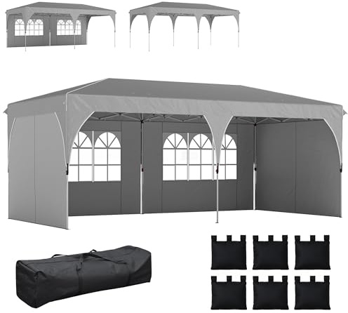 Outsunny Trädgårdspaviljong 3 x 6 m popup-fällbart tält vattentätt höjdjusterbart UV50+ skydd hopfällbar paviljong med 4 sidoväggar 6 sandväskor bärväska enkel montering grå