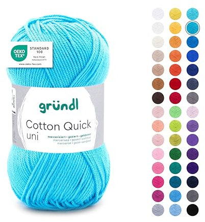 Gründl Wolle Cotton Quick uni - dünne Wolle zum Häkeln - Strickgarn - Häkelgarn - Glänzend und hautfreundlich - 100 % Baumwolle - 1 Knäuel 50 g / 125 m - Nadelstärke 3 - 4 - Wasserblau
