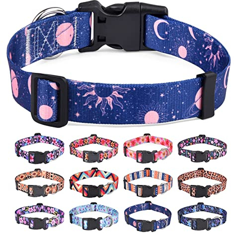 HQYDDMI Hundhalsband, mjukt och bekvämt nylonhundhalsband, justerbart för katter, valpar, små, medelstora och stora hundar, med blommönster (universum, L)