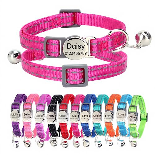 SEOUGEE Cat Collar Quick Release with Personalised Name Tag, Reflective Kitten Collars with Bells & Safety Release, 19-30 CM Adjustable, Rose Red