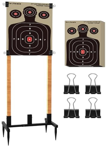Koutemie Outdoor Shooting Target Stand with 10pcs 17x25 Inch Paper Targets, Heavy Duty Range Target Holder with Adjustable Base for Cardboard Silhouette, H Shape, Black