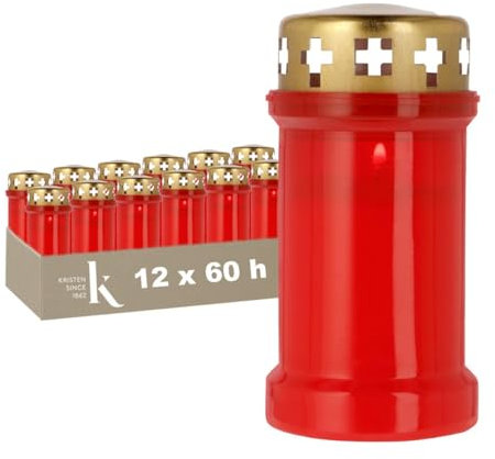 KRISTEN Lanterne funéraire extérieure traditionnelle 3D – 60 heures de combustion – Rouge – Lot de 12 pièces – Pack économique – Lumière commémorative, bougie funéraire, bougie commémorative