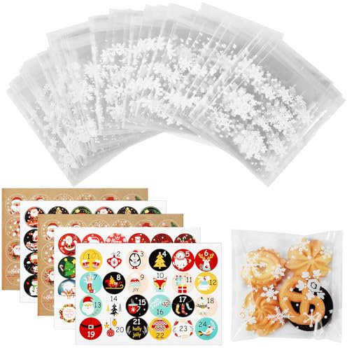 100 Piezas Bolsas Transparentes para Regalos, Bolsitas Plastico Pequeñas con Pegatinas Navideñas, Bolsas Celofan Transparente Autoadhesiva, Bolsas de Chuches Navidad de Copos de Nieve