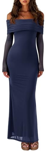 REORIA Women Long Sleeve Off Shoulder Formal Dress Elegant Stretch Mesh Double Lined Bodycon Long Party Wedding Guest Dresses Fall Winter 2024（Deep Blue Medium）