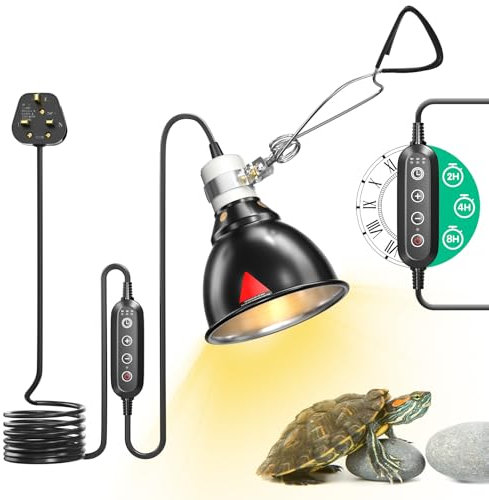 HeatingLux Reptile Heat Lamp, Reptile Dome Light Fixture with Timer, Tortoise Heat Lamp with Clamp,Terrarium Hood lamp for Reptile, Tortoise, Beard Dragon
