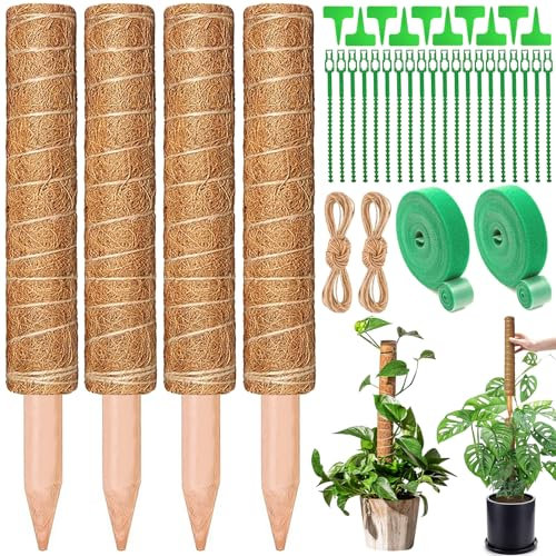 ZZQVIP Tuteur Monstera 4 PCS 40 CM, Bâton en Fibre de Coco Naturelle avec Ficelle et Liens de Fixation, Support Extensible pour Plantes Grimpantes, Tuteur pour Plantes d’Intérieur et de Jardin