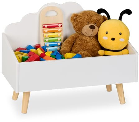Relaxdays Kindertruhe, Wolken-Design, HxBxT: 45x58x28 cm, MDF, für Bücher & Spielzeug, offene Spielzeugtruhe, weiß/Natur