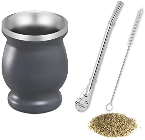 NUWIQ Yerba Mate Cup,Grey with Straw Spoon and Cleaning Brush, Yerba Tea Set, Stainless Steel Yerba Mate Cup, Easy to Clean Yerba Mate Gourd, for Yerba Mate Drink Coffee Milk Juice