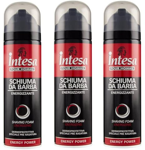 Intesa Pour Homme Schiuma da Barba Uomo 300 ml – Senza Alcool, Emolliente e Protettiva, Per Pelli Sensibili, Rasatura Delicata e Confortevole (Energizzante 3 Unità)