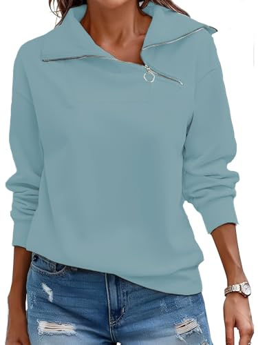 Cuptacc Sudadera Mujer Otoño Camiseta Manga Larga 1/4 Cremallera Pullover | Otoño,Invierno,Primavera,Cuello Alto,Cuello en V,Casual,Elegante,Cremallera,Color Puro,Basica,Moda,Classics