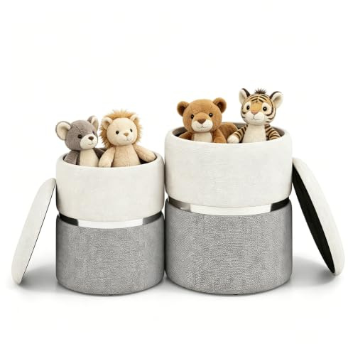 HOMASIS Set di 2 Pouf Contenitore Rotondo, Puff Poggiapiedi in Lino Bicolore, Sgabello Imbottito da Trucco con Coperchio Rimovibile per Salotto, Camera da Letto, Ingresso, Portata di 150 kg (Grigio)