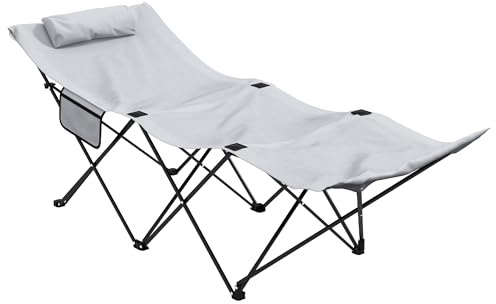 Outsunny Camping Bed for Adults, Single Folding Camp Bed with Headrest, Portable Camping Cot with Oxford Seat and Side Pocket for Outdoor, Travel, Fishing, Light Grey