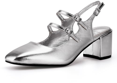 Viloporlor Mary Jane Shoes Slingback Chunky Heels for Women Closed Toe Double Strap Block Heel Pumps Retro Square Dress Shoes for Daily Party Silver Size 10