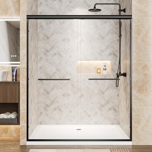 Shower Door Double Sliding Semi-Frameless 56-60 W x 72 H Glass Shower Door, 1/4 inch (6mm) Clear Tempered Glass Door for Walk-in Shower Matte Black