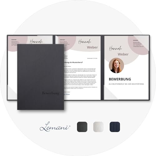 5 Stück 3-teilige Bewerbungsmappen Lemani® BUSINESS 'dark grey' mit 1 Klemmschiene - Premium-Qualität mit unverwechselbarer Haptik und hochwertiger Prägung 'Bewerbung'