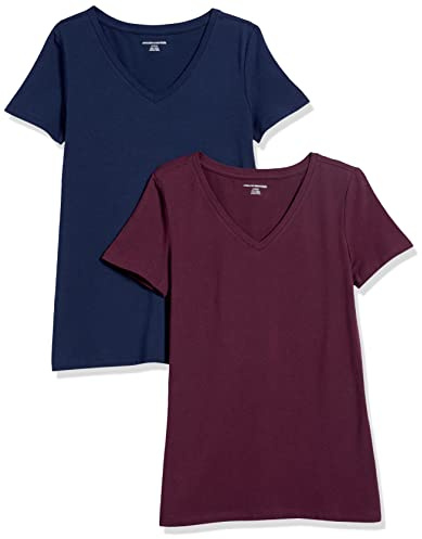 Amazon Essentials Women's Regular-Fit Short-Sleeve T-Shirt (Crewneck and V-Neck Options), Pack of 2, Burgundy/Navy, Medium
