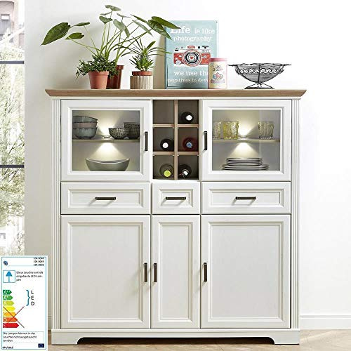 Lomadox Großes Landhaus Highboard in Pinie hell Nb. und Deckplatte in Artisan Eiche Nb. inkl. LED