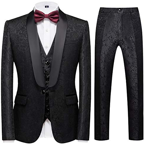 Sliktaa Men Three Piece Formal Jacquard Tuxedo Suit Wedding Set, Black, XL
