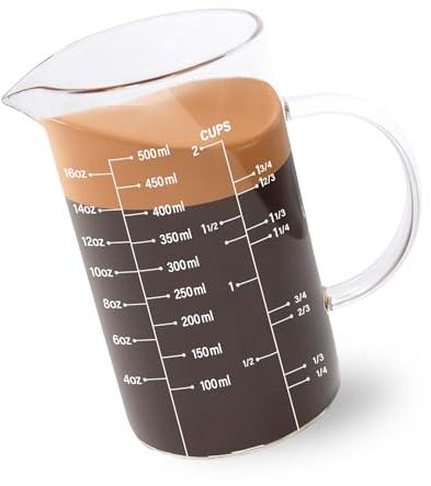 Newness Taza Medidora de Cristal con Asa, 500 ML con Tres Escalas (OZ, Taza, ML/CC) y Pico en Forma de V, Vaso de Medición para Cocina o Restaurante, Fácil de Leer