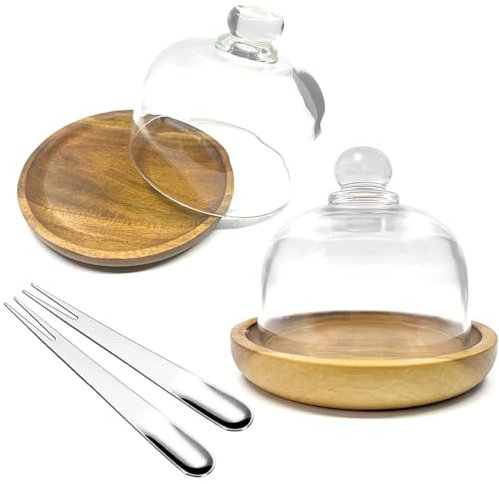 Lot de 2 mini présentoirs à gâteaux avec base en bois avec dôme en verre, cloche en verre transparent pour dessert, fromage, bonbons, plantes grasses (10,4 x 9,4 cm)
