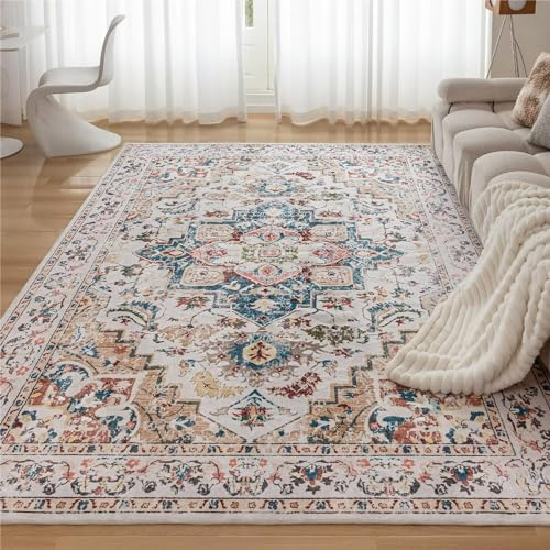 CHOSHOME Waschbarer Teppich Wohnzimmer 160x230CM Vintage Kurzflor Groß Orientalischer Beige Teppiche für Schlafzimmer rutschfest Kunstwolle Boho In & Outdoor Carpet