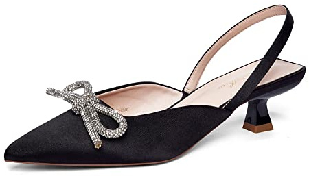 GENSHUO Slingback pumps med strass och rosett för kvinnor, slutet spetsigt tåområde, bröllops- och brudskor, 36–42 EU, svart, 36 EU