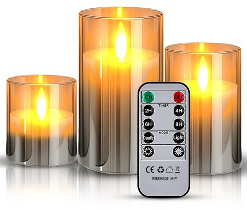 LKH Flickering Glass LED Candles Pack of 3 - Warm White Light Battery Operated Candles with Remote Control - Adjustable Brightness Flickering Flameless LED Candle Ideal for Home Decor & Gifts Giving