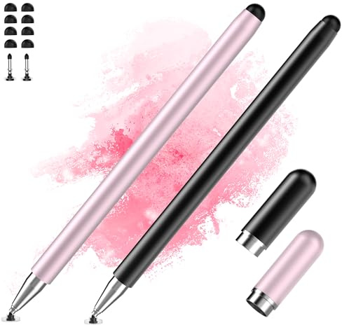 Confezione da 2 penne per tablet touch screen compatibili con iPad, Android, Surface, smartphone, punta del disco di precisione 2 in 1 e punta in silicone, nessuna ricarica necessaria, nero + oro rosa