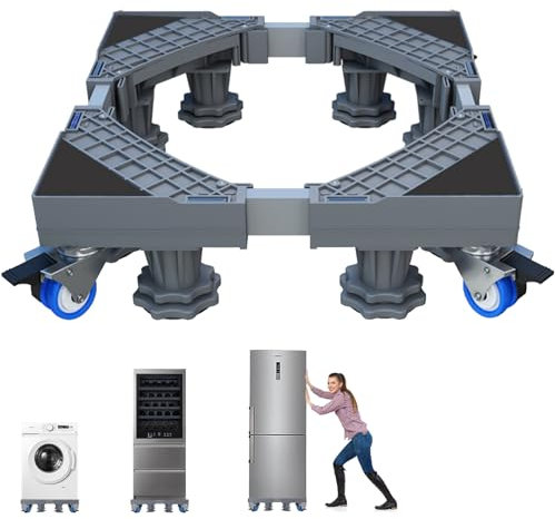 Base Réfrigérateur Réglable 41-64cm, Meuble Machine à Laver avec 4 Deux Roues et 8 Pieds Soutien, un Frein, Kit Superposition Universel pour Électroménager Gros, Support Sèche Linge, Socle Lave Linge
