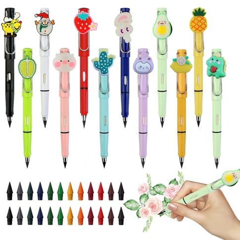FainFun Matita Infinita Cancellabile, 6 Pezzi Infinimat Matita Eterna con 6 Mina, Perpetua con Gomma, Penna Eterna Senza Inchiostro Riutilizzabile, Penna Infinita Perpetua per Bambini (12 Arcobaleno)