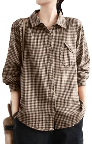 Women's Casual Shirt Spring Long Sleeve Checked Loose Blouse Vintage Turndown Collar Buttons Down Tops Khaki