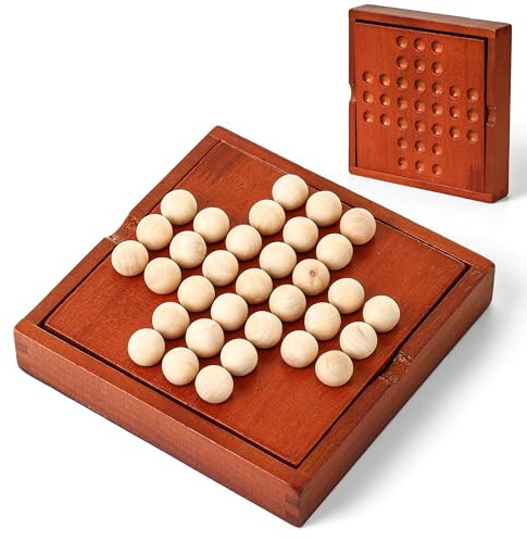 AIUAZA Wooden mini Travel Games, Classic Wooden Board Games, Single Player Games, Children's Puzzle Toy, Indoor Party Gathering Tabletop Puzzle Game (Jump All but one)