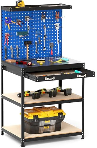 COSTWAY Banco da Lavoro con Piano da 81 x 41 cm, Banco da Lavoro Officina con Pannello Forato e 20 Ganci, Cassetto e 2 Ripiani, Tavolo Lavoro per Garage Capacità 225 kg (Blu, 81 x 41 x 156 cm)