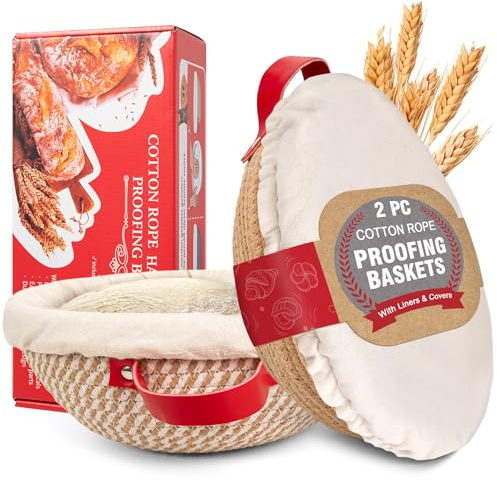 Banneton Panier à pain rond avec doublure et couvercle en corde de coton - 5,1 x 22,9 cm - Accessoires de pâtisserie artisanale pour femme, épouse, boulangers
