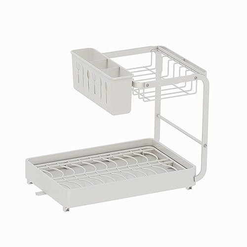 Escurreplatos de metal de 2 niveles con cesta colgante y soporte para cubiertos, escurridor sobre fregadero para almacenamiento de cocina