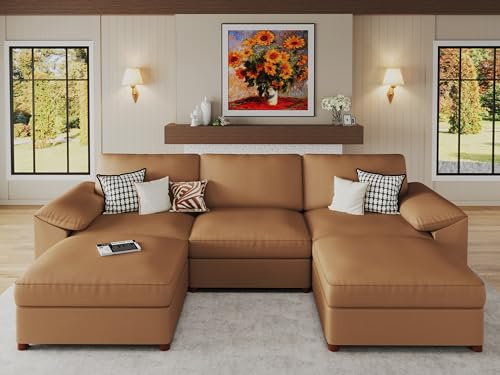 EASE MOOSE Oversized Modular Sectional Sofa,Leather Sectional Couch with Deep Seat,Extra Large U Shaped Couch,Modern Comfy Scratch Resistant Faux Leather Material Sofa,Brown