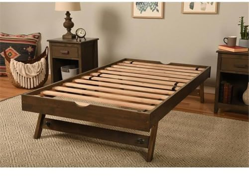 MAKLAINE Twin-Size Wooden Pop Up Bed, Rustic Walnut Finish, Solid Hardwood Frame, Sturdy Casters, Mattress Not Included, Versatile Design for Daybed or Main Bed Use