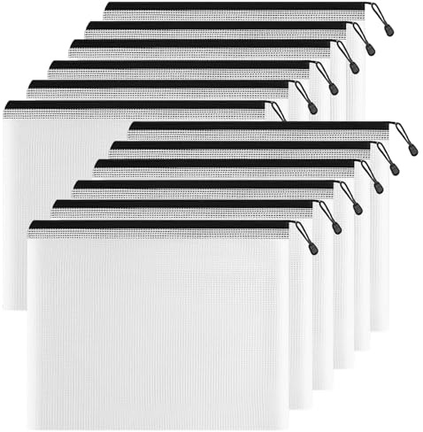 Pochette Document Zippée A4,Pochette Zippée PVC Transparentes Document Dossier,Pochettes Fermeture,Mesh Zipper Pouch pour Voyage,pour Bureau,Voyage, Fournitures(12PCS,Noir)