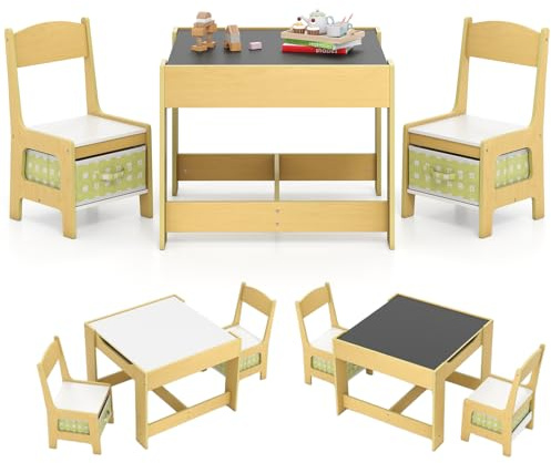 GOPLUS 3tlg. Kindersitzgruppe, Kindertisch mit 2 Stühlen, Kinderschreibtisch Holz mit Stauraum, 3 in 1 Kindermöbel Set, Maltisch, Aktivitätstisch, Tafeltisch für Kleinkinder von 3-7 Jahren (Grün)