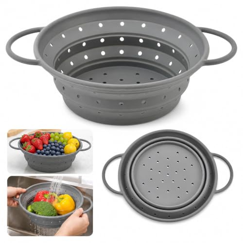 Escurridor Pasta Plegable Silicona 28x22.5cm — Colador Cocina Resistente Calor 220°C Sin BPA, Aptos Lavavajillas, Mango Doble Antiquemaduras, Ideal Camping Viajes Cocinas Pequeñas