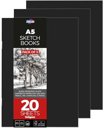 Zieler Lot de 3 carnets de croquis A5 à couverture souple 140 g/m² 20 feuilles blanches lisses et douces