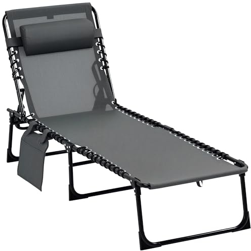 Outsunny Lettino Prendisole Pieghevole con Tasca e Schienale Regolabile, Sdraio da Giardino con Cuscino, Seduta Traspirante in Texteline, per Spiaggia Piscina Giardino, 58x189x30cm, Grigio