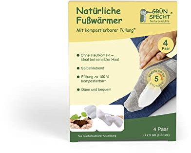 GRÜNSPECHT Natürliche Fußwärmer 7x9cm, bis zu 5 Stunden warme Füße unterwegs, kompostierbare Füllung, selbstklebend, Wärmepflaster ideal für Outdoor-Aktivitäten, 4 Paar (143-V2)