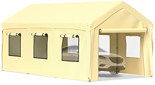 VEVOR Carpa Garaje para Coche 3x6 m Cochera Portátil Impermeable con 8 Postes Paredes Laterales y Ventanas Marco de Acero Carpa Pérgola Tela PE de 3 Capas Altura Ajustable 2,5-3 m para Barco Amarillo
