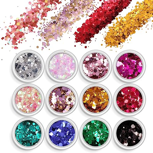AOOWU Paillettes de Corps, 12 Couleurs Maquillage Paillettes Set, Fluorescent Paillette pour Visage, Fluorescent Paillette pour Visage, Corps, Cheveux, Halloween, Fête, Noël,#08