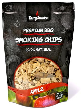 TastySmoke® Trucioli di mela di alta qualità – 100% legno naturale per aroma di fumo intenso, ideale per barbecue, affumicatore, barbecue, 750 g di legno affumicato per carne, pesce, verdure